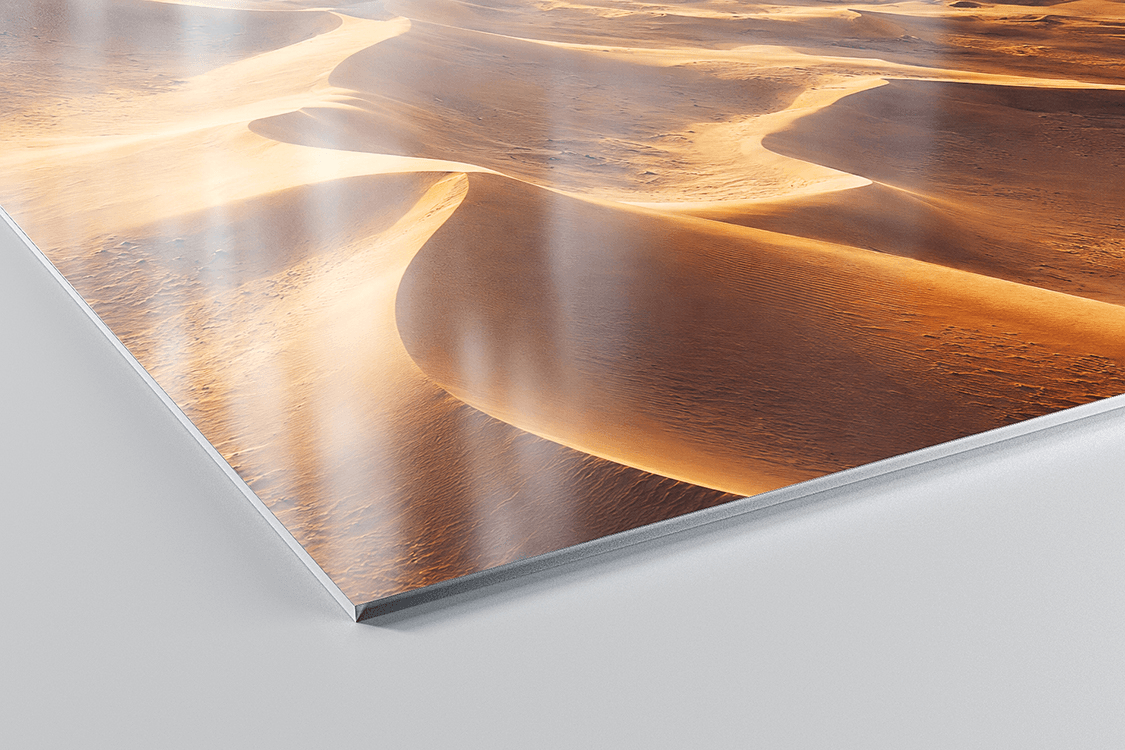 ChromaLuxe Satin aluminium panel with golden desert sand dunes at sunrise, soft low-reflection finish provides rich warm colours with elegant appearance