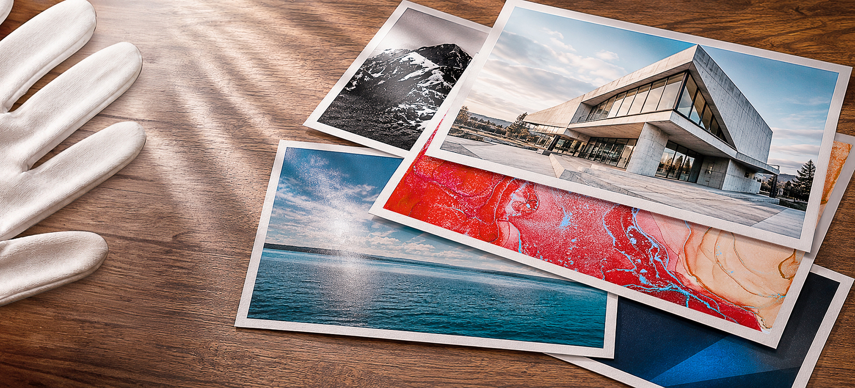 Fine art prints stacked on wooden surface showing ocean panoramas, mountain photography and abstract wave patterns