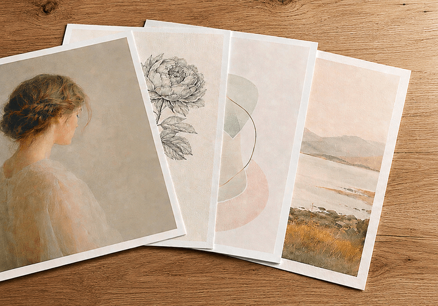 Four smooth matte Fine Art prints showing portrait, peony illustration, abstract shapes and watercolor landscape