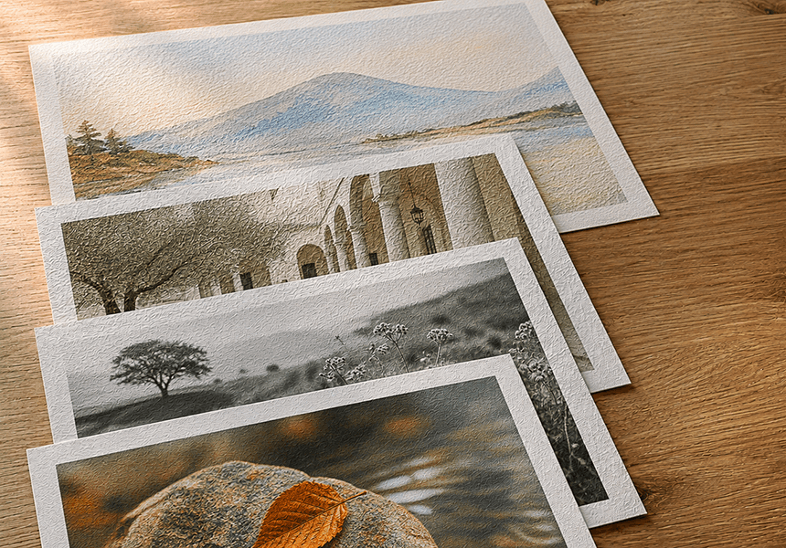 Four textured Fine Art prints on wood with autumn leaf showing watercolour landscapes, arches and African tree silhouette