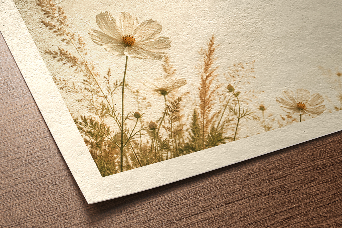 Fine art print on Hahnemühle Bamboo paper showing delicate cosmos flowers and wild grasses, warm natural white tone with subtle texture