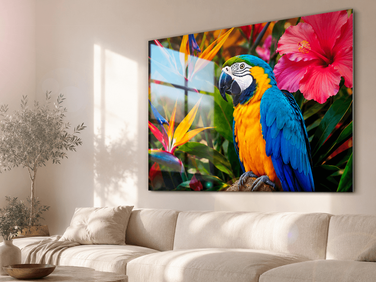 ChromaLuxe glossy print of a vibrant blue and gold macaw parrot with tropical flowers, displayed in a modern living room