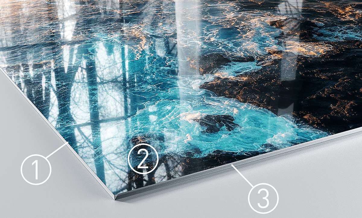 Close-up of ChromaLuxe glossy panel corner showing the three construction layers: glossy coating, sublimated image, and aluminium base