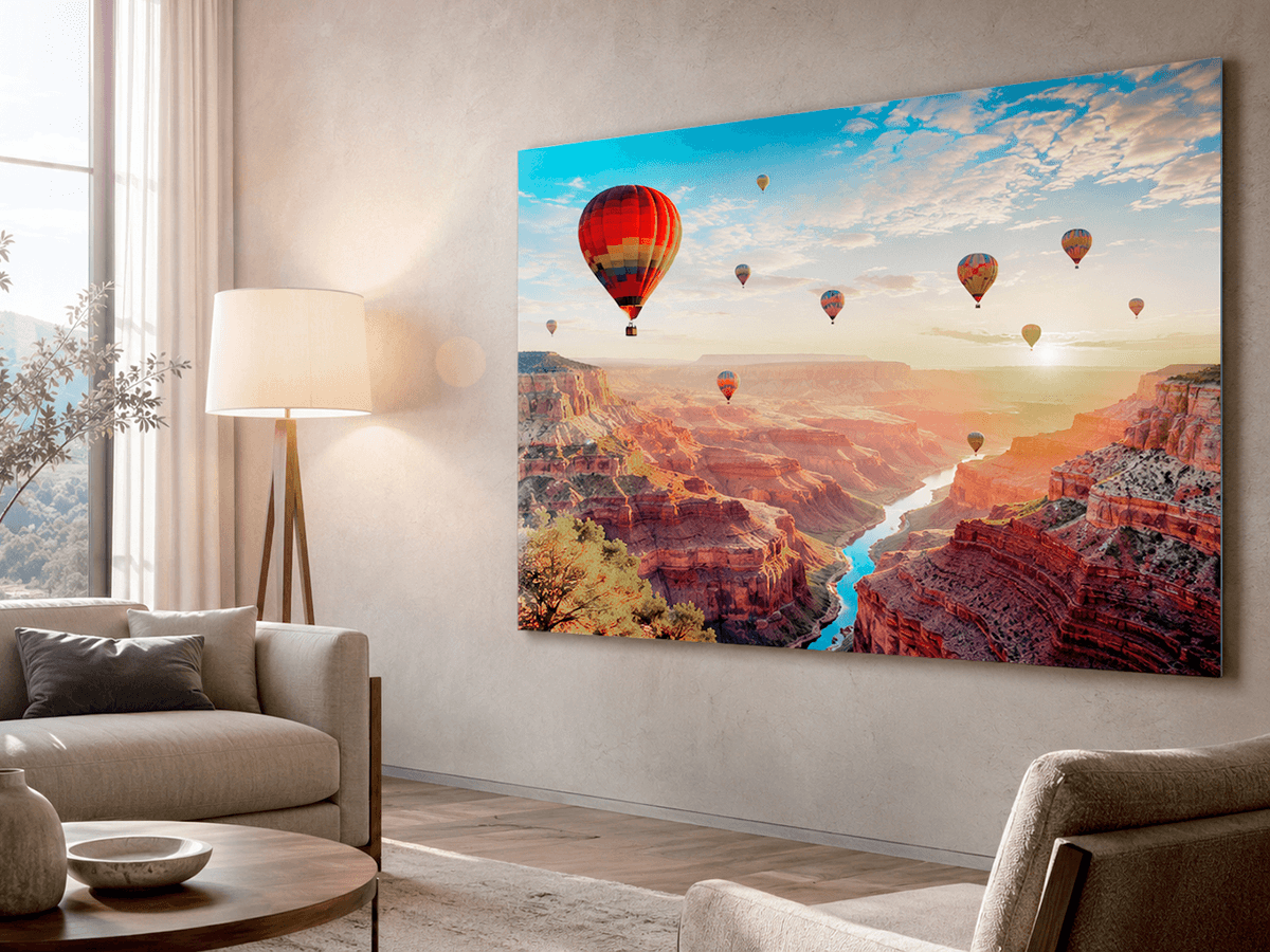 ChromaLuxe Satin print of hot air balloons over Grand Canyon in bright living room with floor lamp