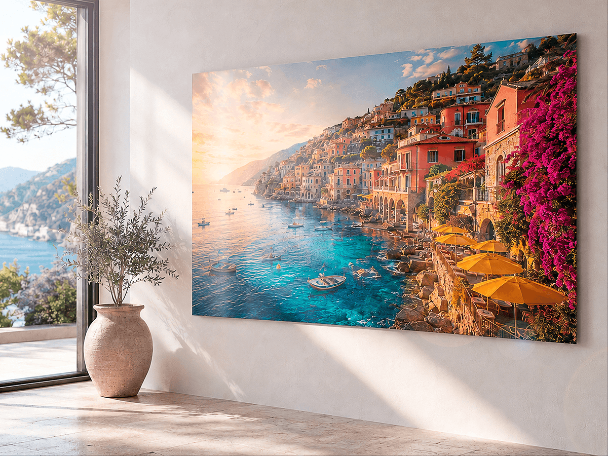 ChromaLuxe Satin print of Italian coastal village in sunlit room with olive plant and sea view