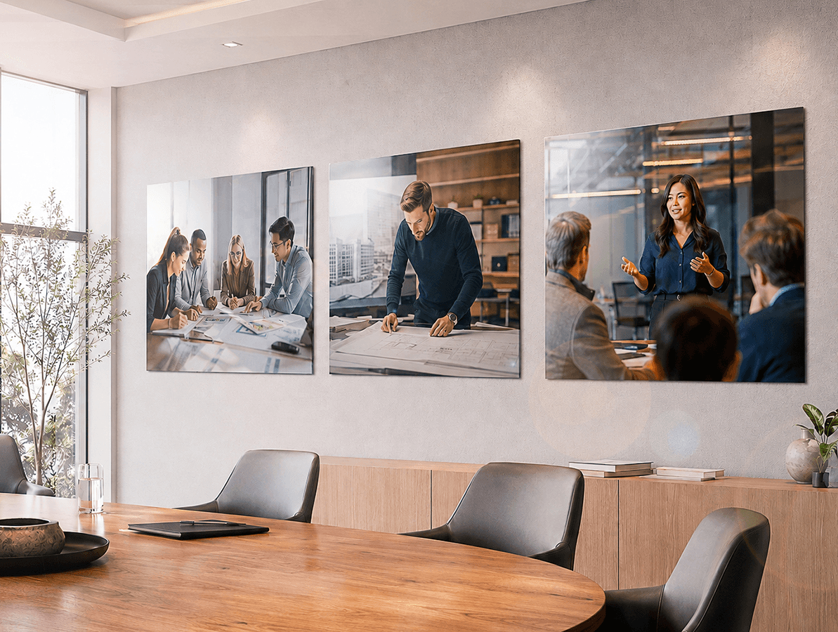 Three ChromaLuxe Satin business photography panels in modern meeting room above wooden conference table
