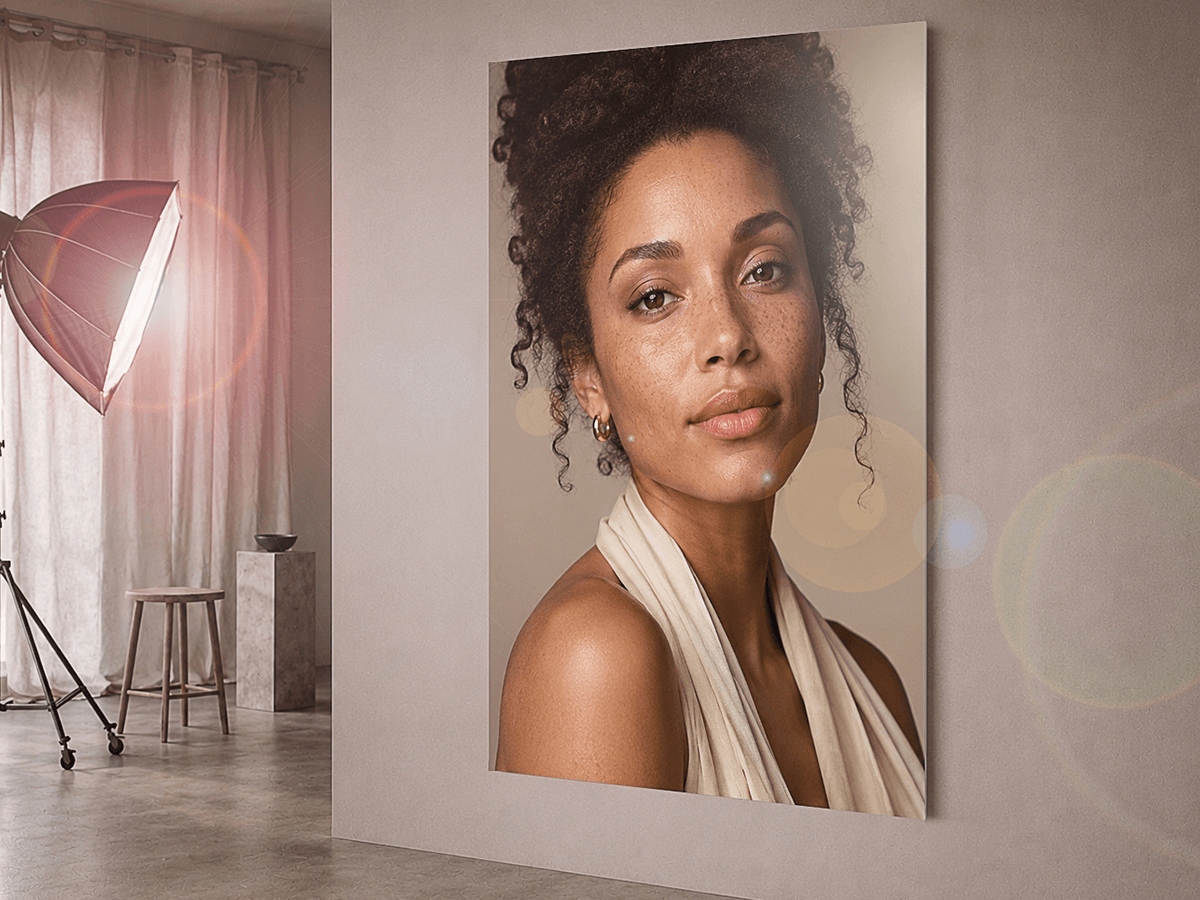 Large ChromaLuxe Satin portrait print in photography studio with professional lighting equipment