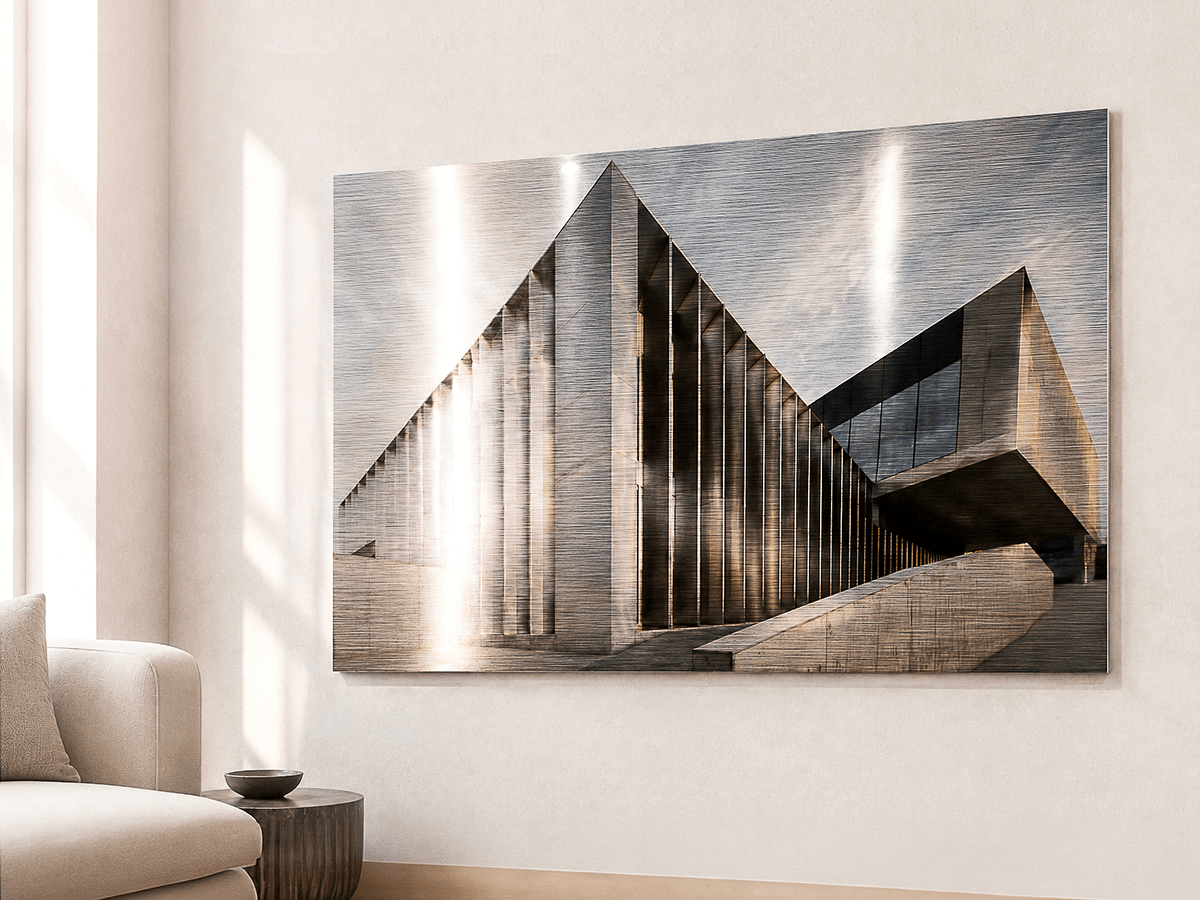ChromaLuxe Brushed print of modern architecture with visible metal texture, mounted in minimalist living room