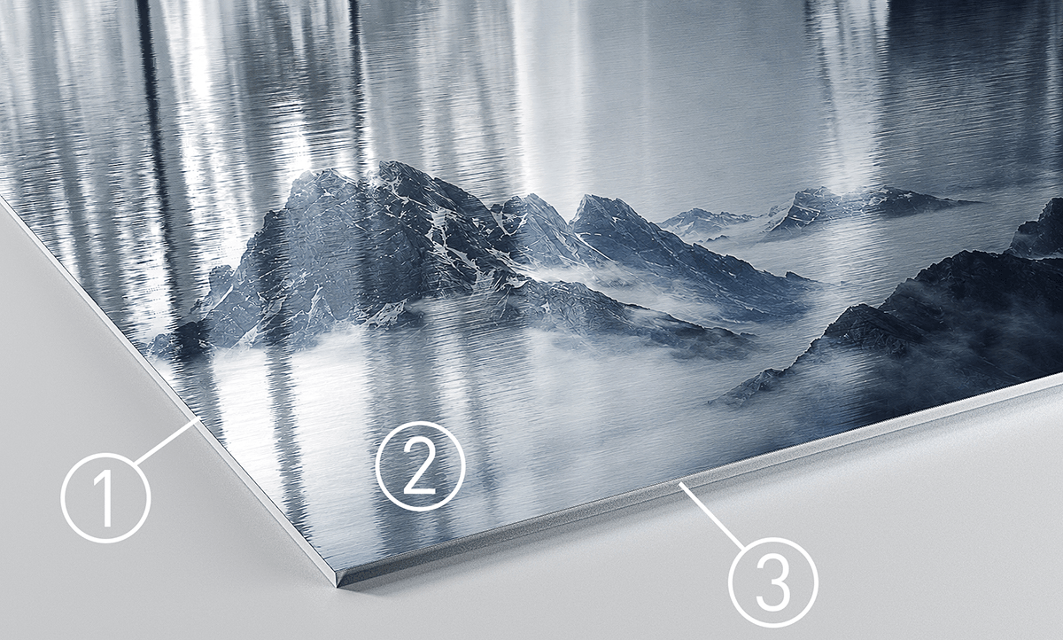 ChromaLuxe Brushed panel corner detail showing numbered layers: coating, inks, and brushed aluminium base