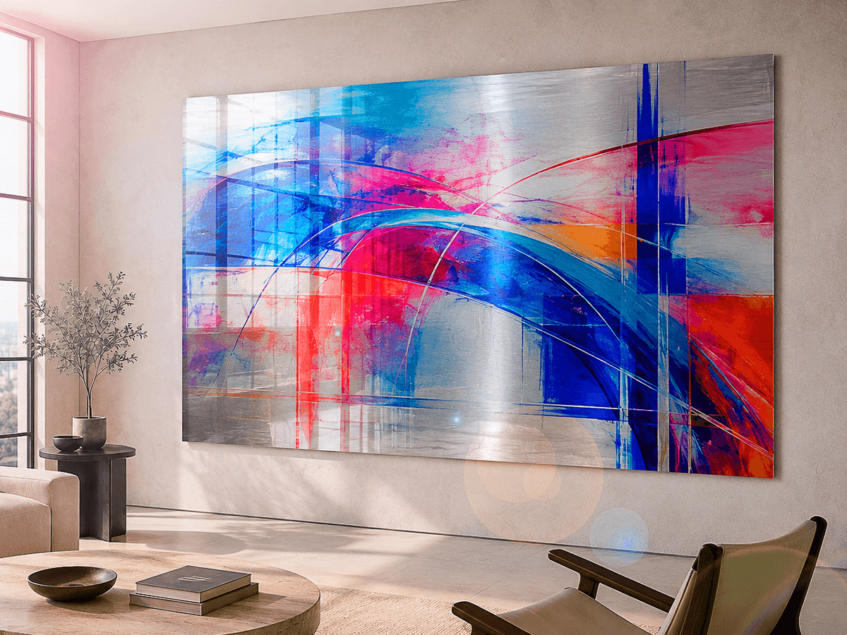 Large ChromaLuxe Brushed print with vibrant abstract art in blue, pink, and orange in modern living room