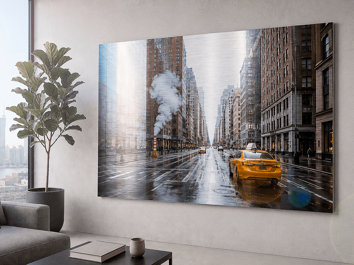 ChromaLuxe Brushed print of New York street scene with yellow taxi on rainy day, metal texture in sky