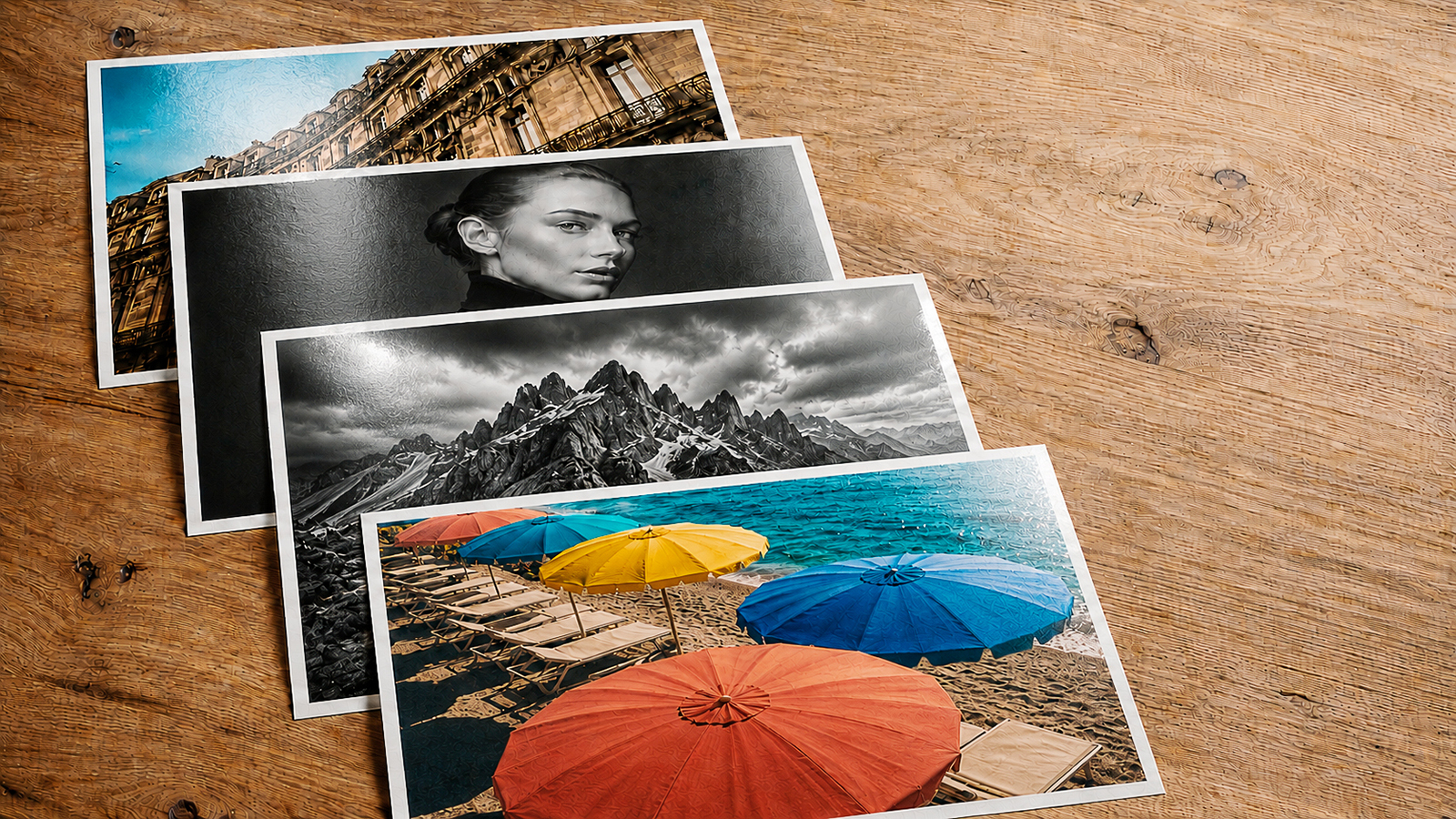 Four baryta prints displaying high contrast subjects: architecture, black-and-white portrait, mountains, and colorful beach