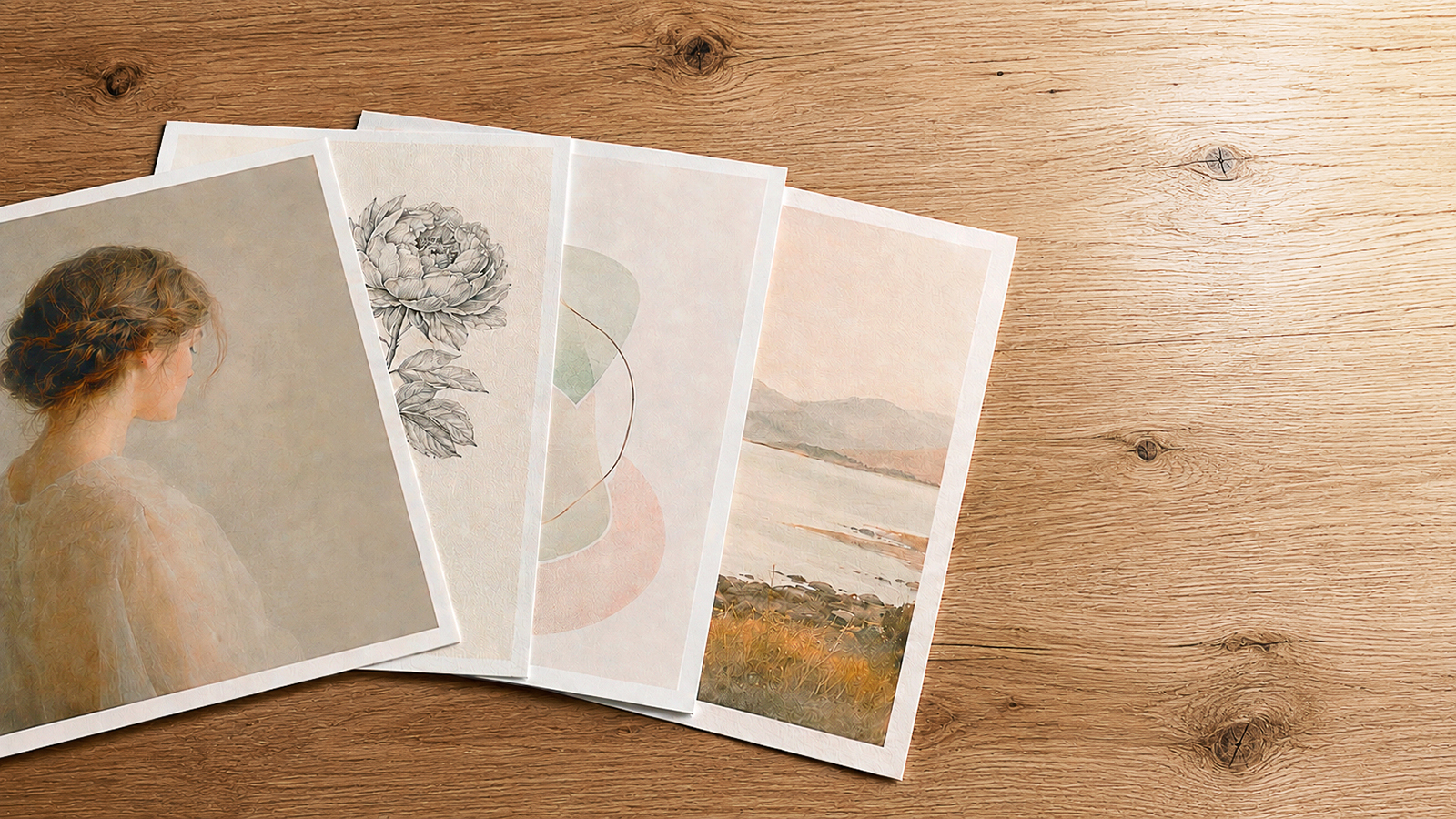 Four smooth matte fine art prints with soft artistic subjects: portrait, botanical drawing, abstract, and landscape