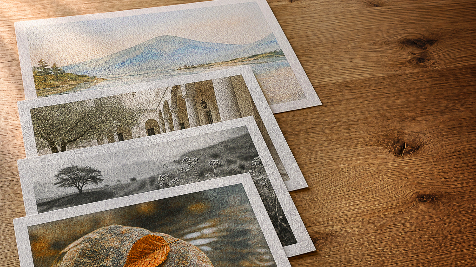Four textured fine art prints with visible paper grain: watercolor landscapes and black-and-white nature scenes