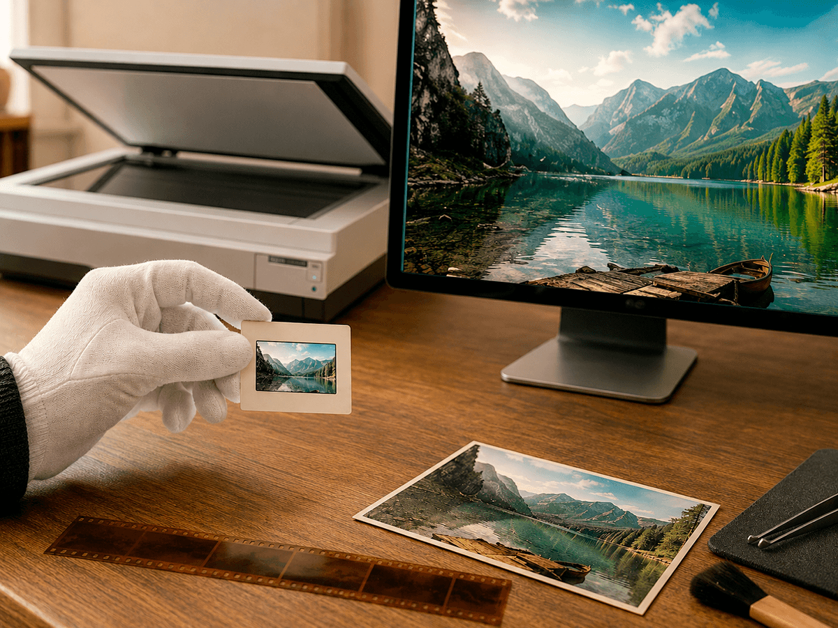 Gloved hand holding a slide transparency beside a flatbed scanner, with digitized mountain landscape displayed on monitor