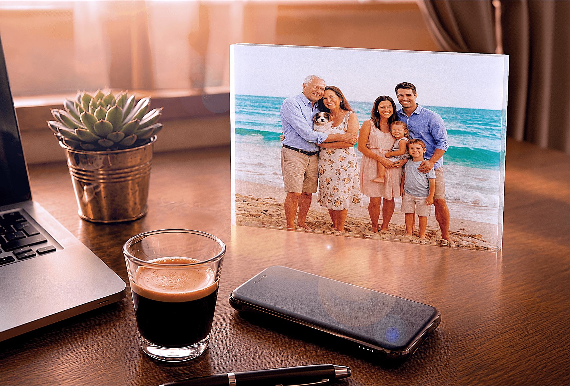 Acrylux Block with multigenerational family beach photo on home office desk with laptop, espresso and succulent plant