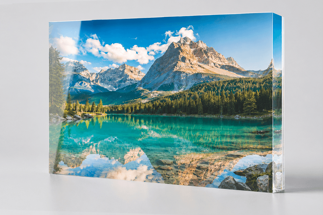 Acrylux Block acrylic photo print displaying alpine mountain lake landscape with turquoise water and snow-capped peaks
