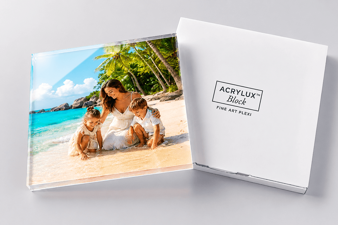 Diasec Block with vibrant rainbow mountain landscape, shown with premium white gift box packaging