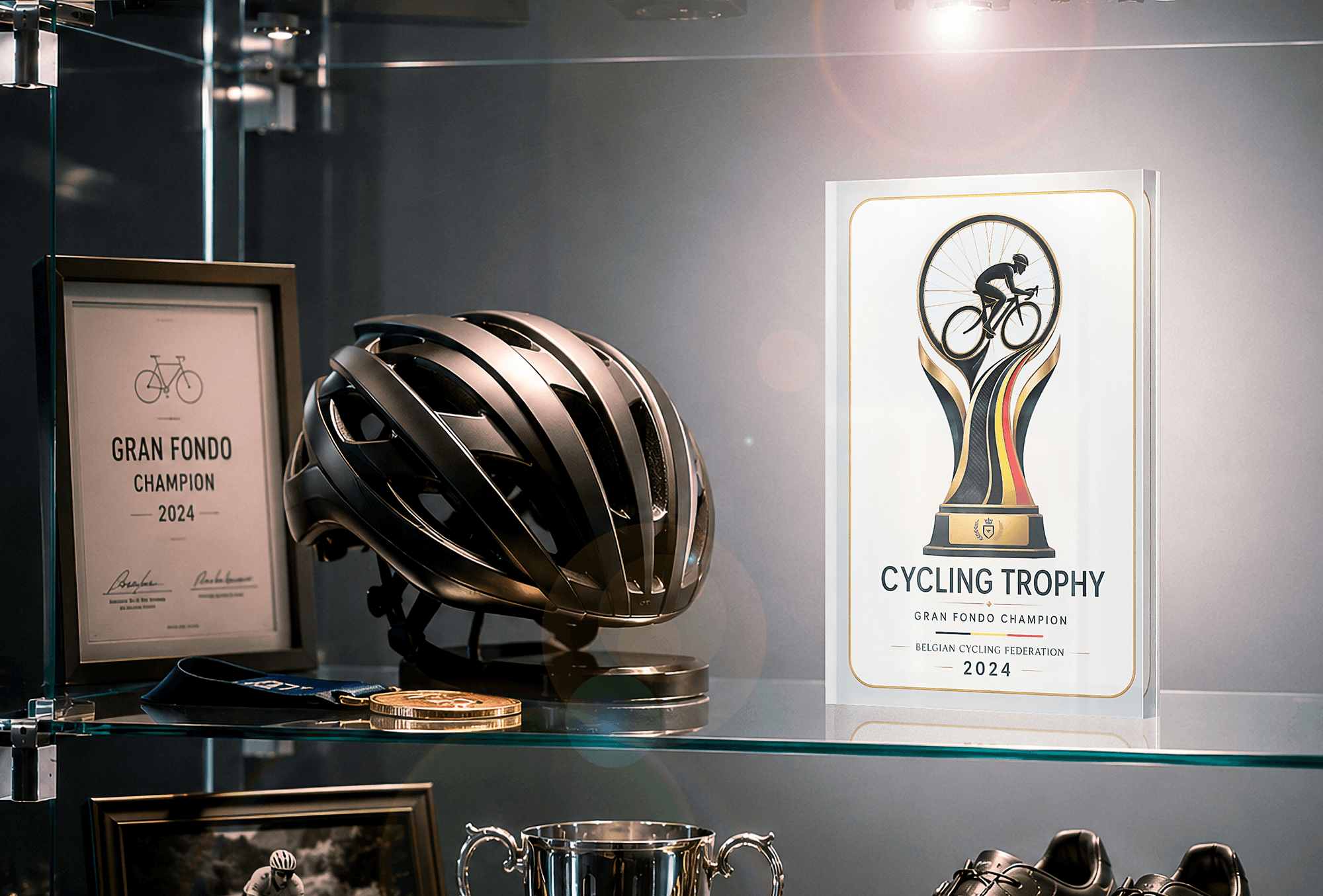 Acrylux Block cycling trophy displayed in a glass cabinet alongside helmet, medal and Gran Fondo Champion certificate