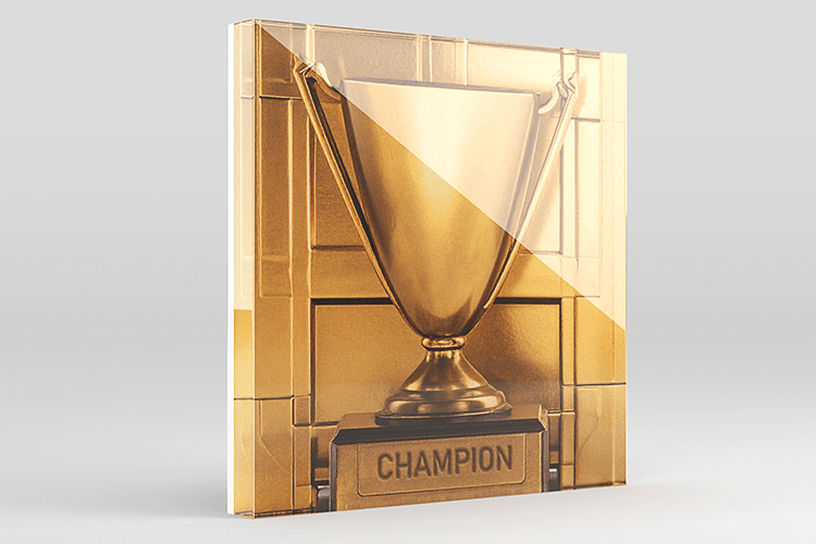 Acrylux Block with golden champion trophy design, showing the glossy acrylic depth and crystal-clear finish