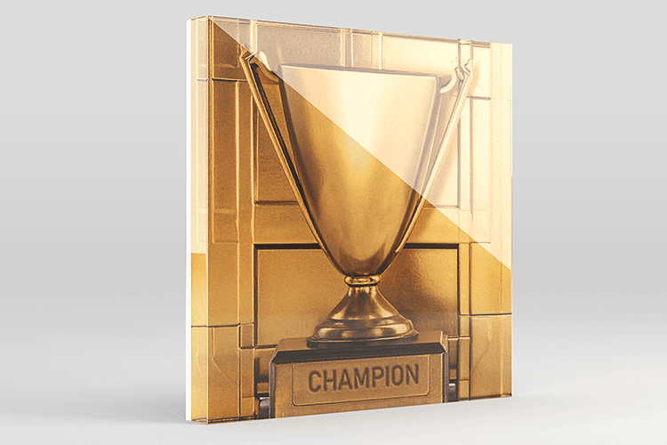 Acrylux Block with golden champion trophy design, showing the glossy acrylic depth and crystal-clear finish