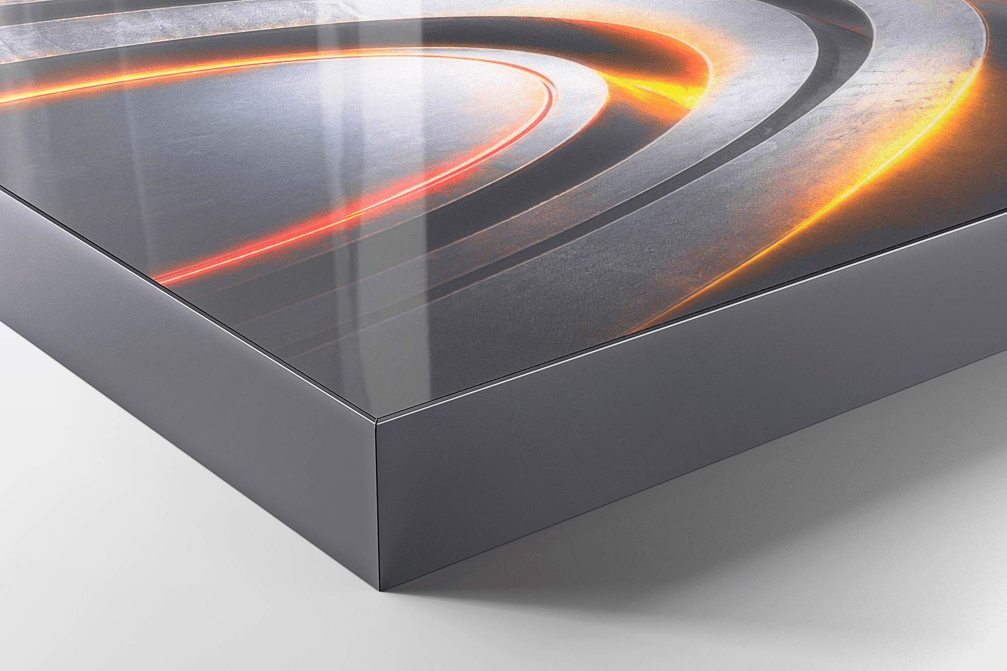 Close-up corner detail of Acrylux Framed print showing flush-mounted anthracite frame with precise mitered joint and glossy acrylic surface