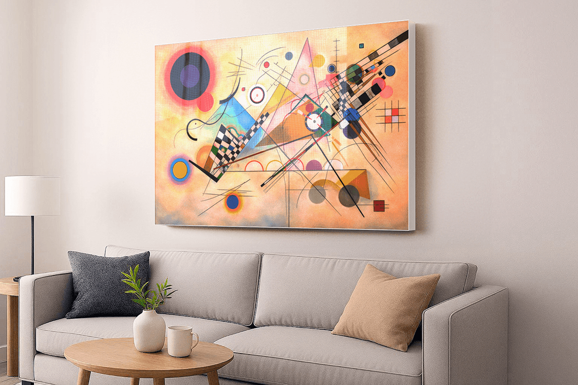Acrylux Framed beach photo with white frame displayed above grey sofa in modern living room