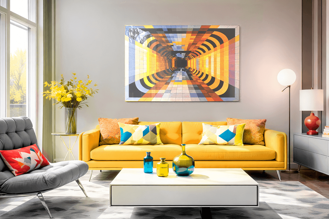 Modern living room with a vibrant geometric tunnel photograph printed on an Acrylux Gallery panel above a yellow sofa