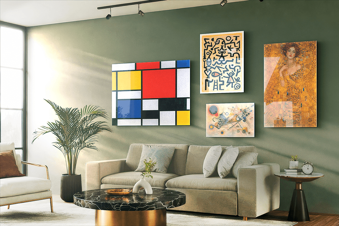 Multiple Acrylux Gallery prints in various sizes displayed on a sage-green living room wall above a beige sofa