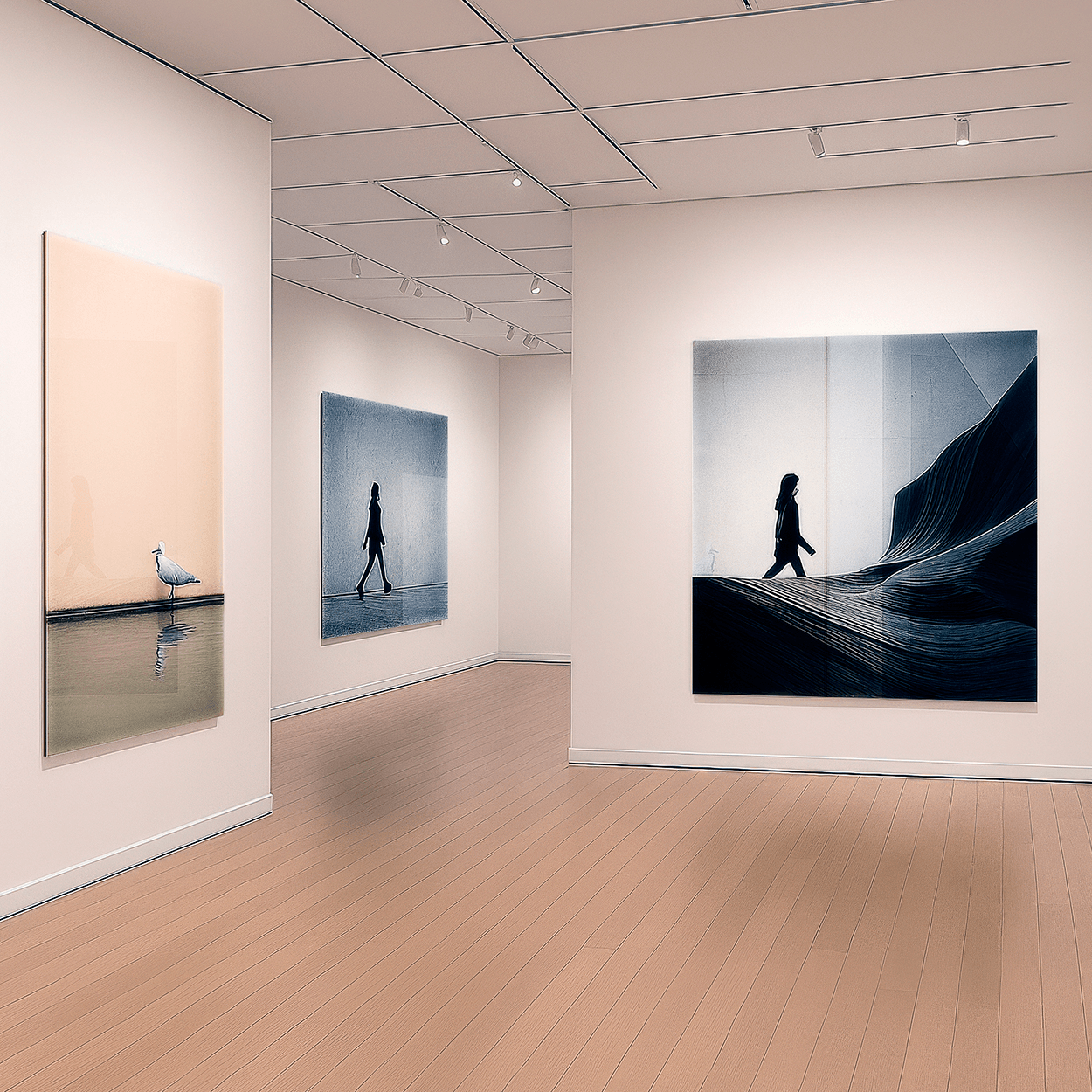 Modern gallery interior with large-format acrylic photo prints featuring artistic silhouette photography on white walls