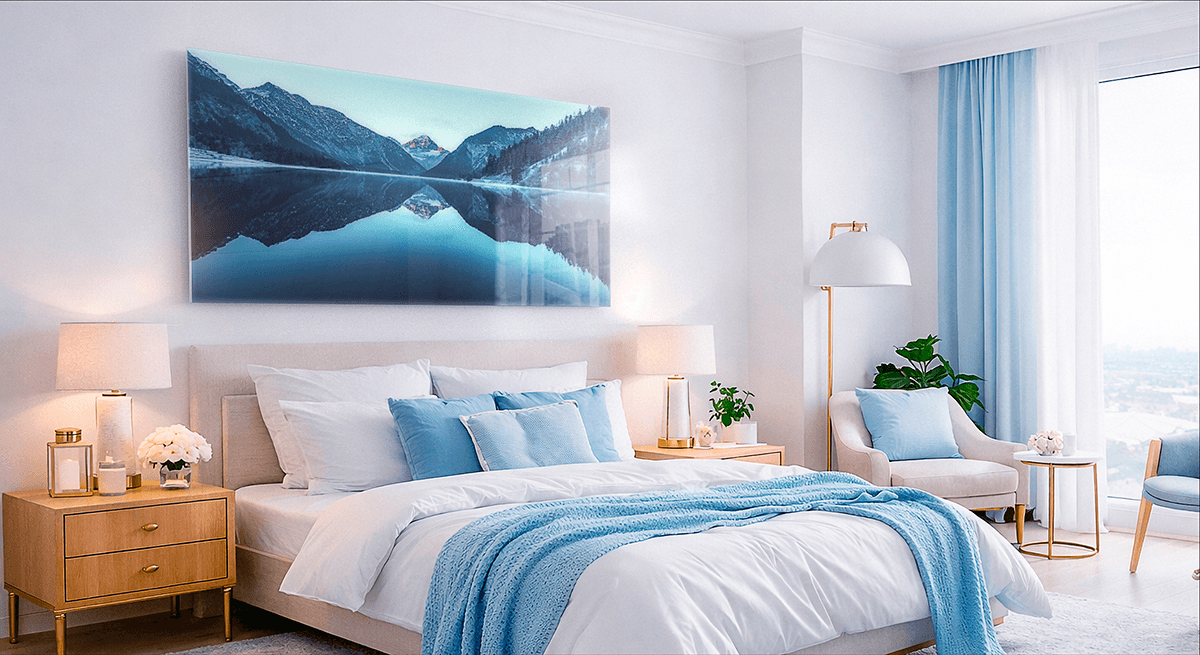 Glossy plexiglass print of a mountain lake reflection above the bed in a light blue and white bedroom