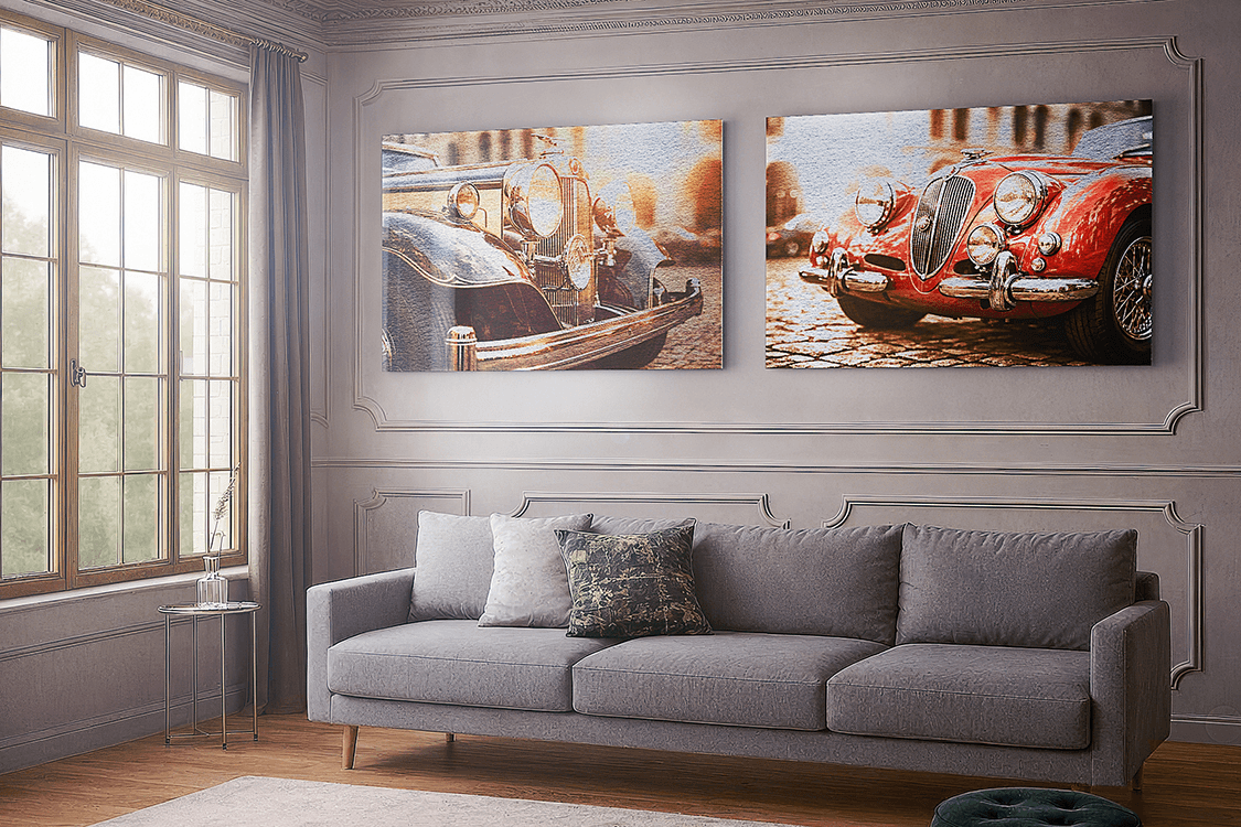 Two Acrylux Metallic wall panels displaying vintage car photographs hung above a grey sofa in an elegant living room