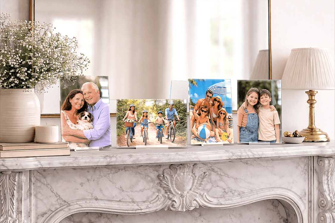 Acrylux Mini acrylic photo print displayed on a fireplace mantel, showcasing its elegant presentation in a home setting