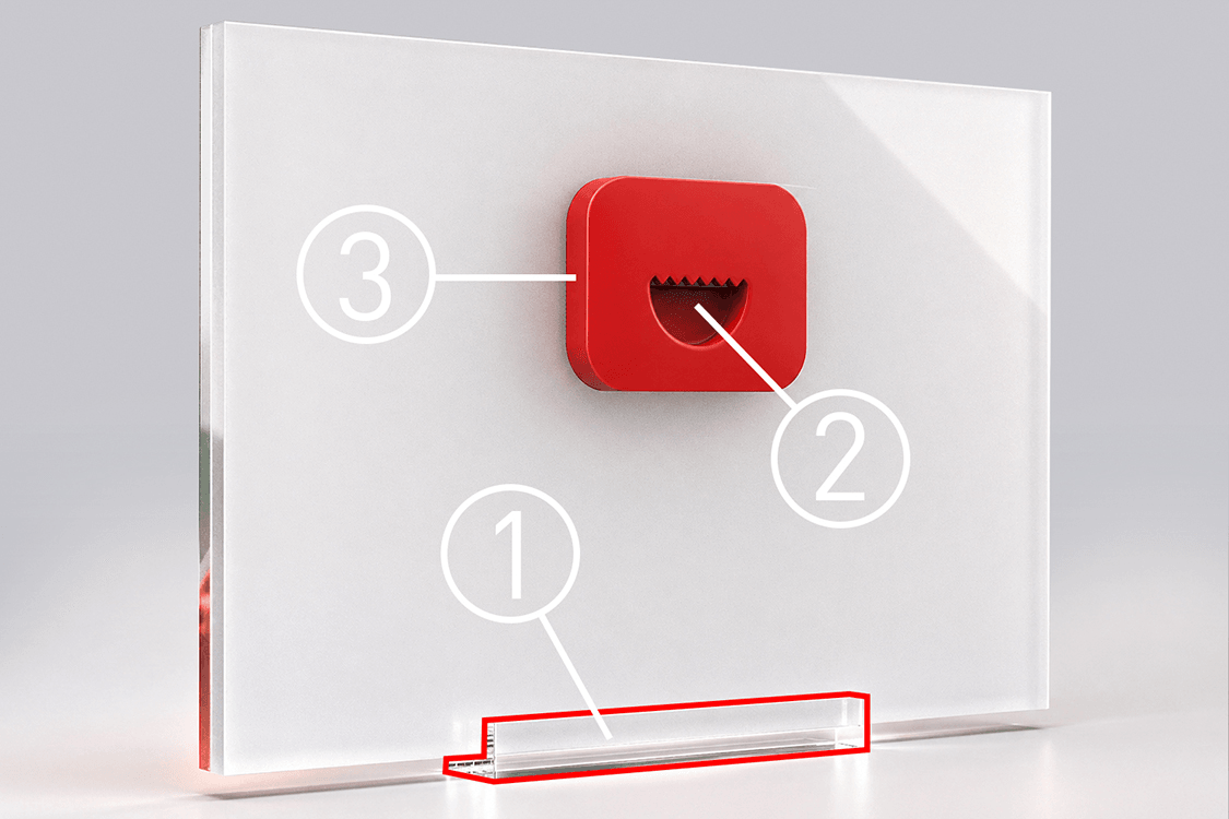 Back view of Acrylux Mini with numbered parts: plastic foot, acrylic panel and wall mounting clip