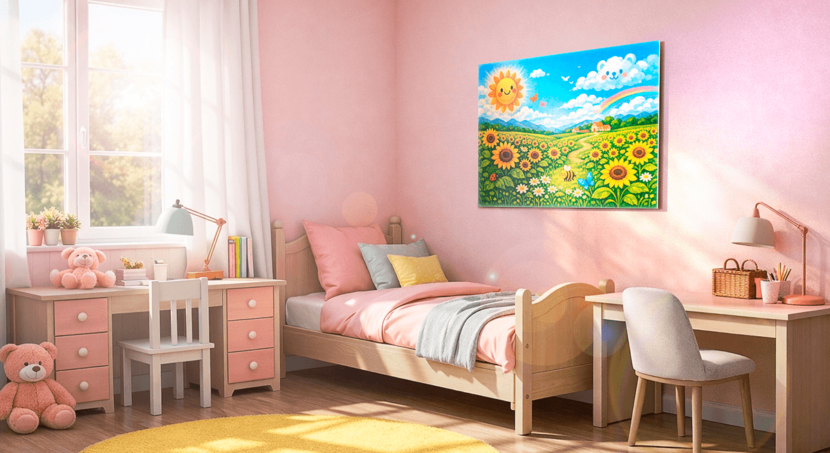 Satin plexiglass print of a sunflower field illustration on the wall of a pink children's bedroom