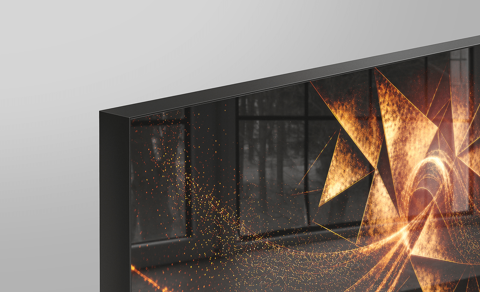 Acrylux Flush Framed corner detail with black aluminium frame, showing seamless flush-mounted profile