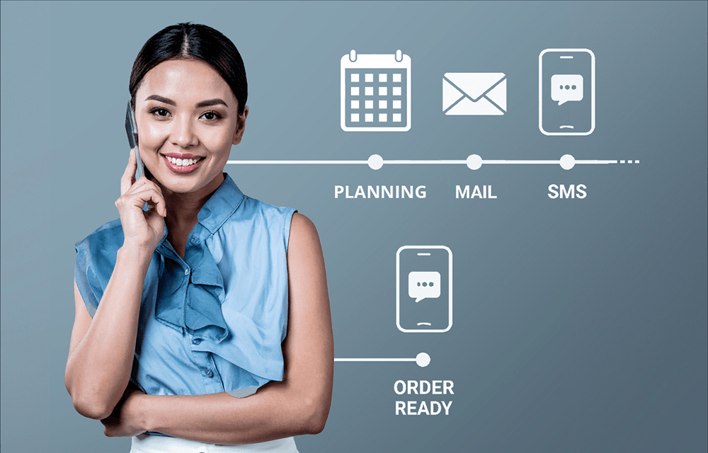 Woman on the phone with delivery planning icons showing scheduling, email, and SMS notifications