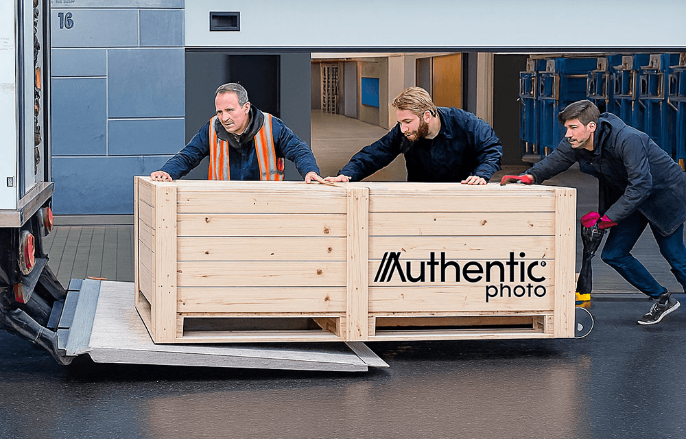 Three workers loading a large AuthenticPhoto wooden crate onto a delivery truck