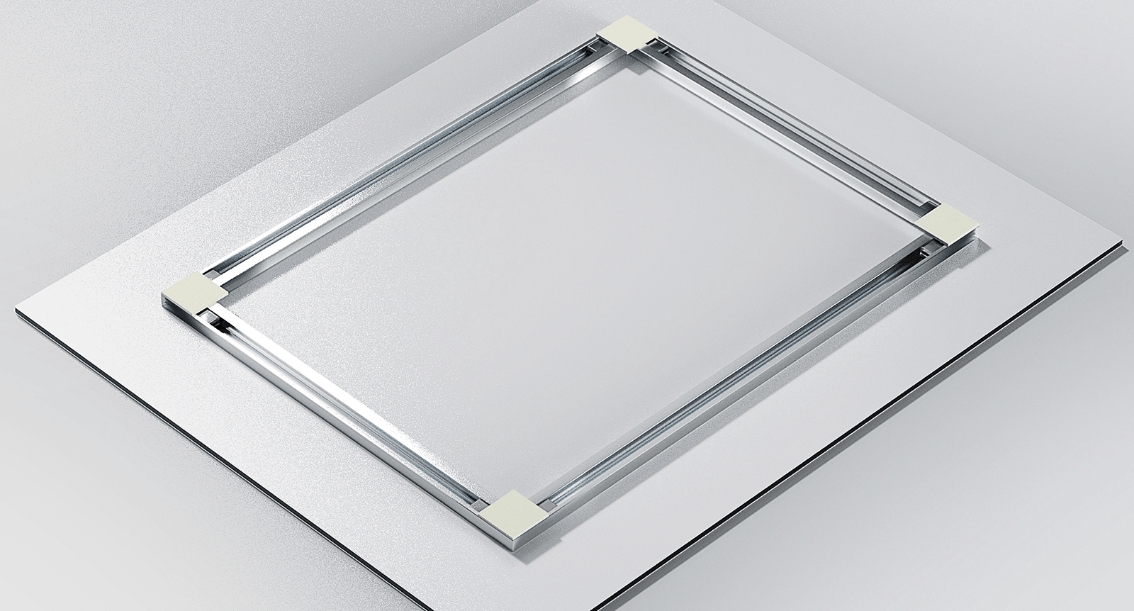 FinoArt aluminium rail mount system on the back of a print panel showing four rails with corner connectors