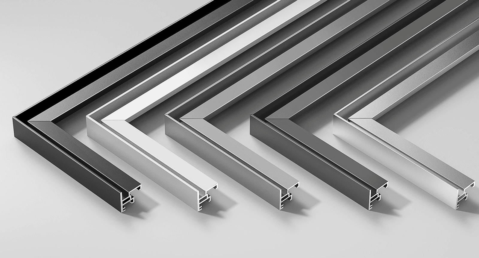 Six FinoArt aluminium frame profiles in black, dark grey, silver, white and grey finishes