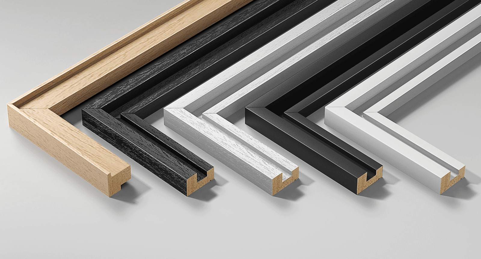Seven FinoArt wood frame profiles in natural, black oak, brushed silver, dark and white finishes