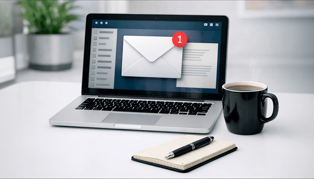 Laptop displaying an email notification on a desk with coffee mug, notepad, and pen