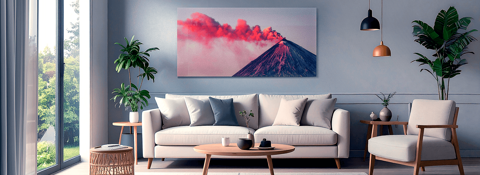 Panoramic volcano photo print displayed in a spacious modern living room with plants