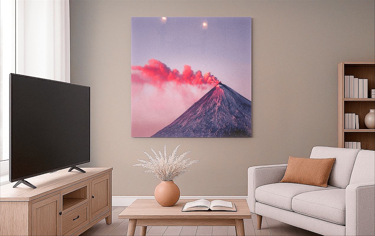 Square volcano photo print on a living room wall beside a TV and wooden bookshelf