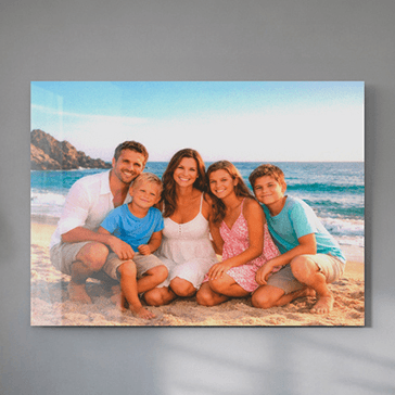 Acrylux Classic print of a family beach photo mounted on a wall