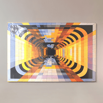 Acrylux Gallery print of a colourful geometric tunnel artwork with polished edges