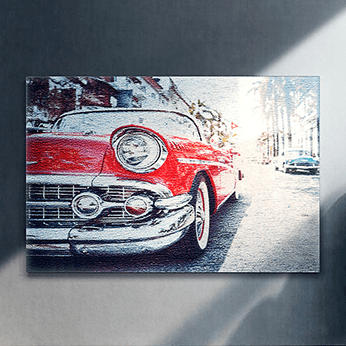 Acrylux Metallic print of a red vintage car with metallic sheen on a wall