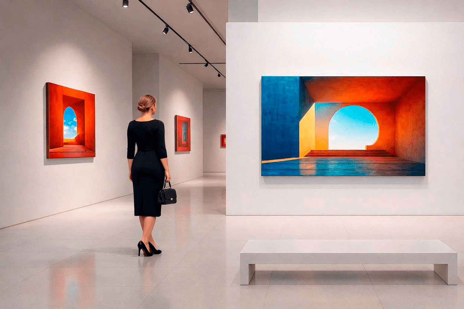 Woman in black dress viewing large fine art prints behind plexiglass in a white gallery with track lighting