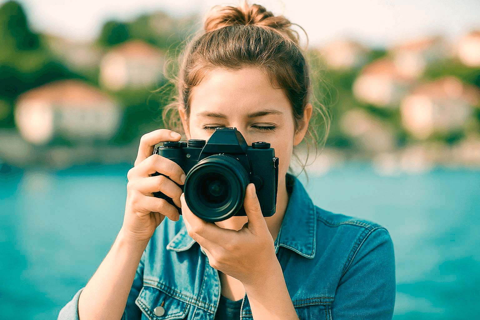 Young woman photographer taking a photo with a mirrorless camera by the waterside