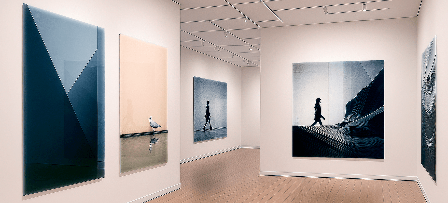 Large-format photo prints behind plexiglass displayed in a modern gallery with white walls